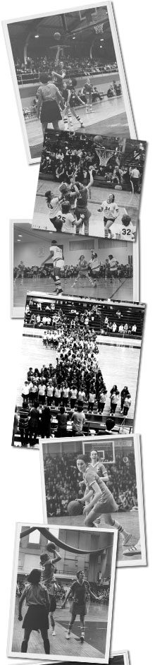 Collage of photos from women's basketball games