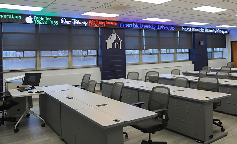 Business lab classroom with stock ticker