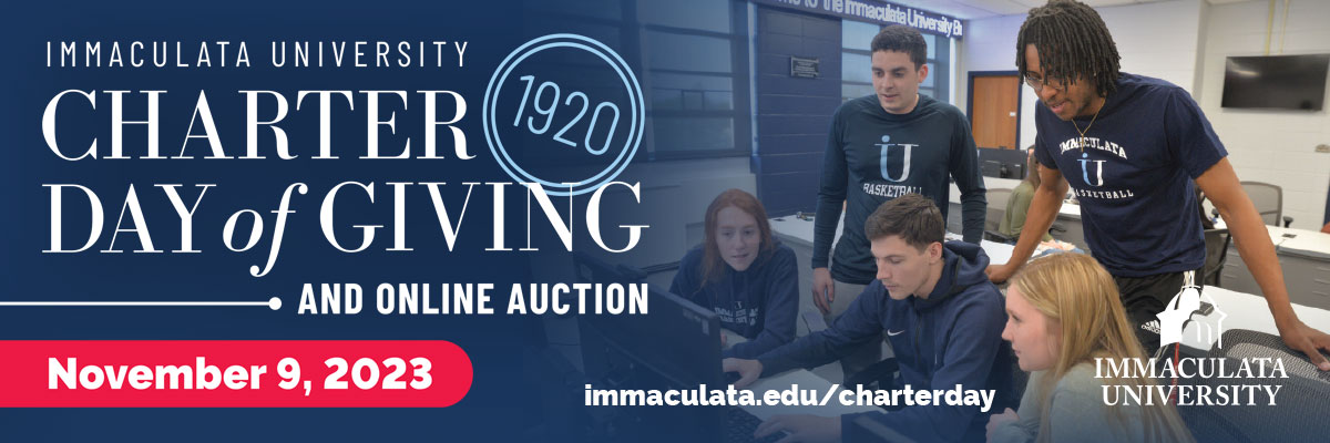 College students working on computer with text: Charter Day of Giving