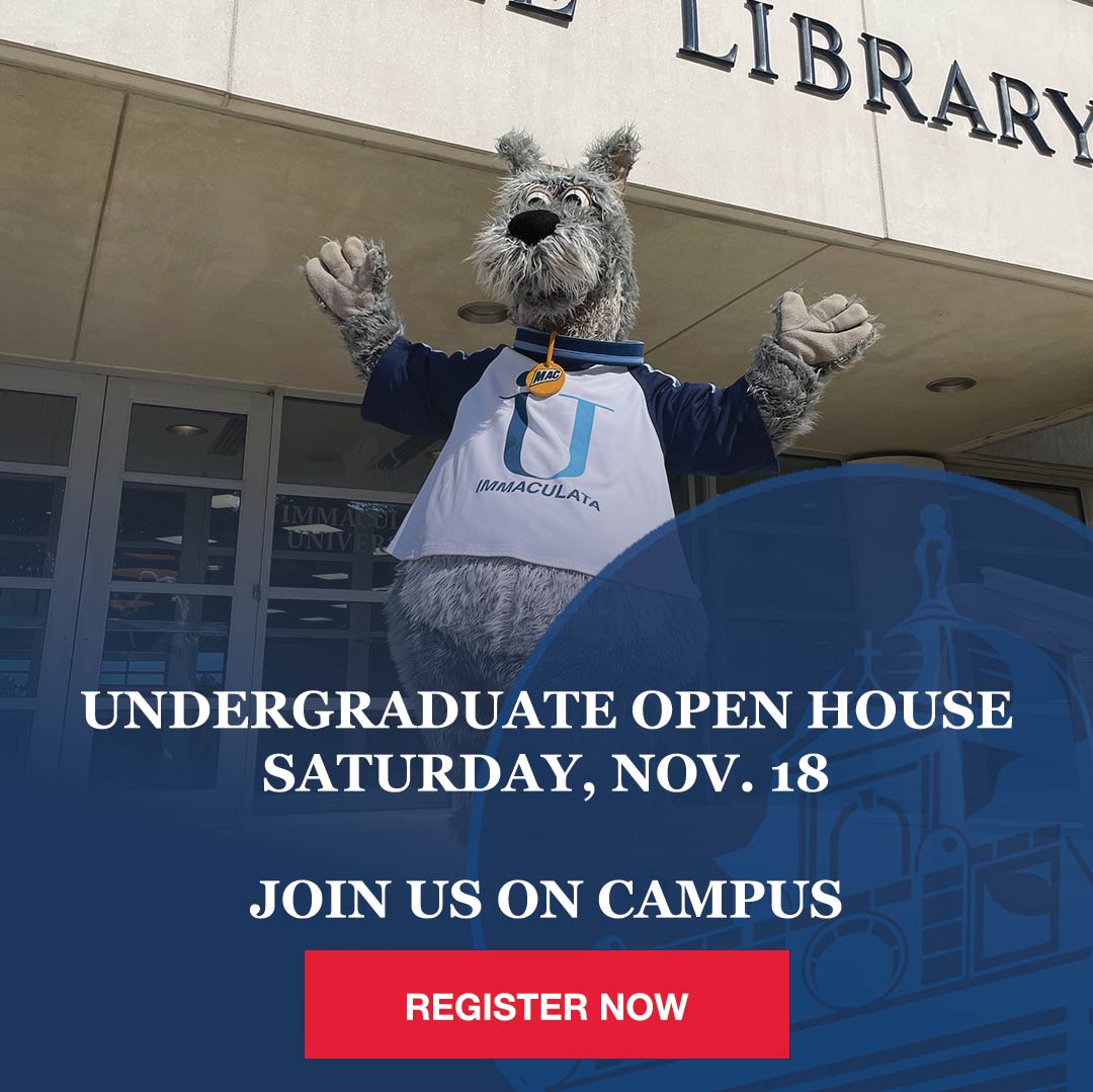Mascot standing in front of library. Text: Undergraduate Open House, Nov. 18