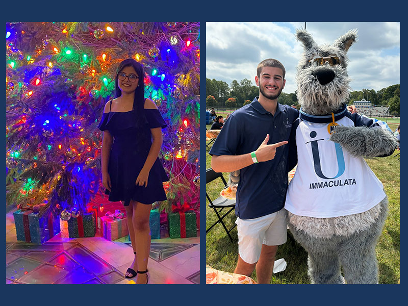 Young woman in front of Christmas tree and young man posing with mascot