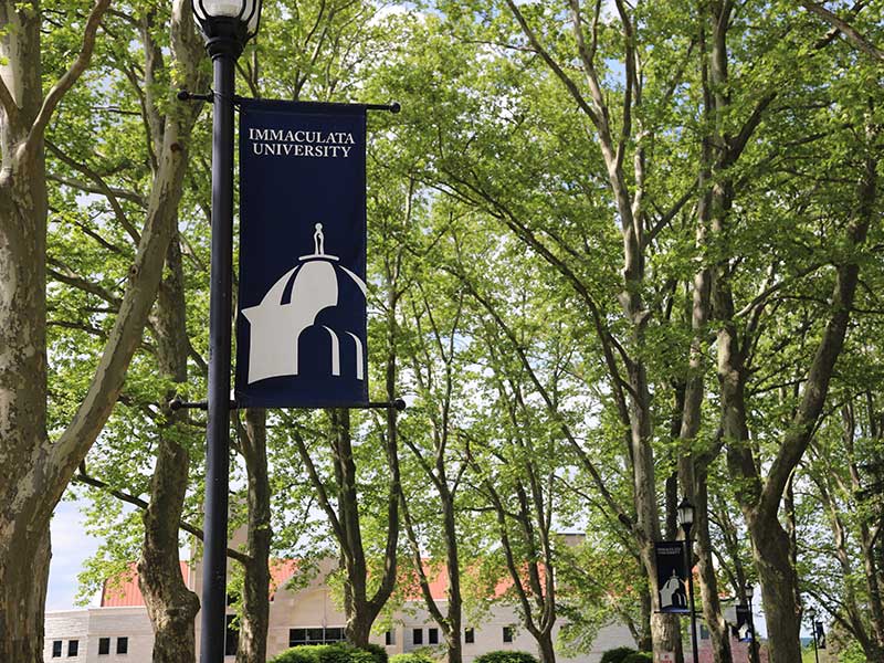 flag-on-campus-lightpole Immaculata University banner on a lightpole
