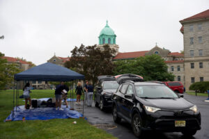 Cars lined up to unload
