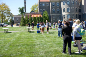 Students outdoors playing games