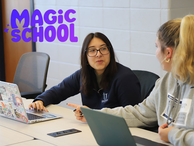 magic-school - Immaculata University Two young women working on laptop computers. A logo is displayed with the text "Magic School."