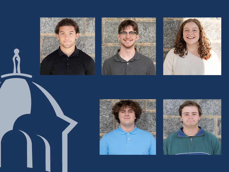 Headshots of four college students with dome logo in background