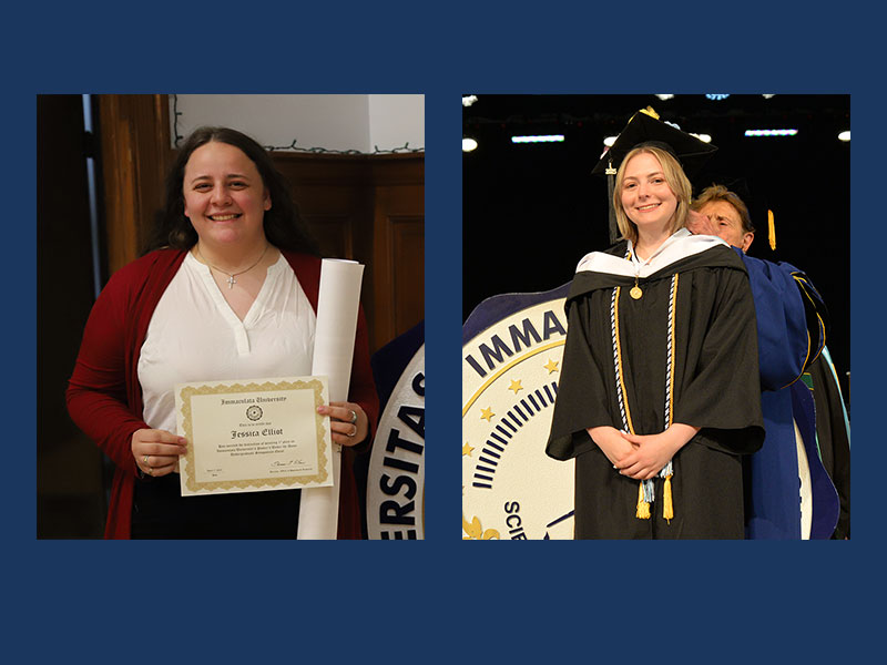 Two photos, one of a young woman holding a certificate, one of young woman in cap and gown at commencement ceremony