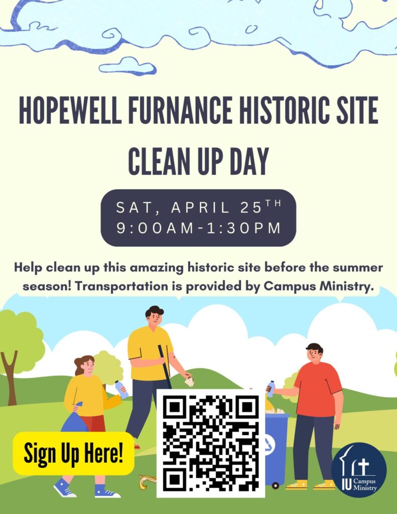 Poster announcing a clean-up day at Hopewell Furnace Historic Site with people cleaning a park and a large QR code for sign-up.
