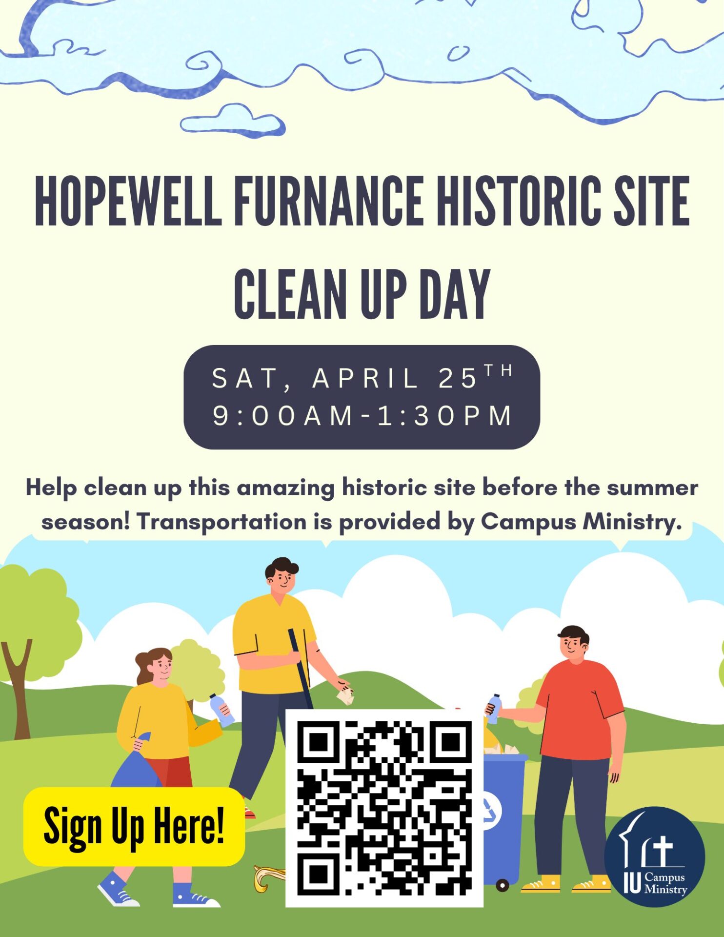Poster announcing a clean-up day at Hopewell Furnace Historic Site with people cleaning a park and a large QR code for sign-up.