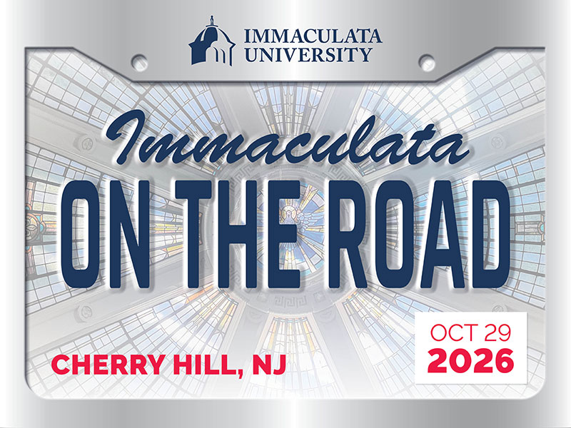License plate graphic with Immaculata On the Road text