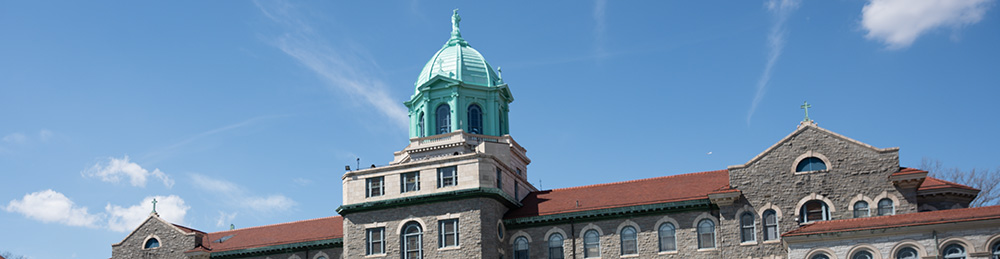 Roof of college building with red tile roof and green dome topped with statue.