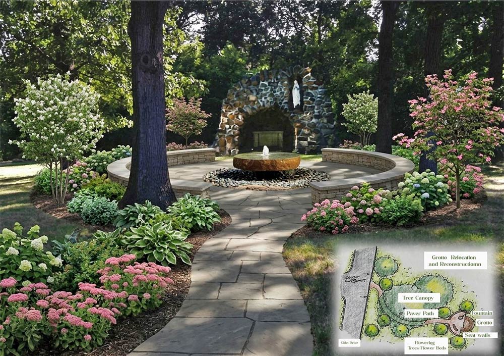 Rendering of fountain and grotto with statue of Virgin Mary