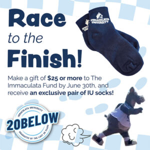 Mascot racing and image of sock, with text Race to the Finish