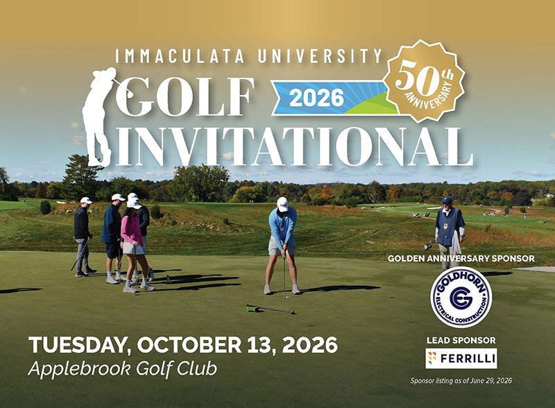 2026-Golf-Graphic_Page_1 - Immaculata University Image of people golfing with text "Immaculata University Golf Invitational"