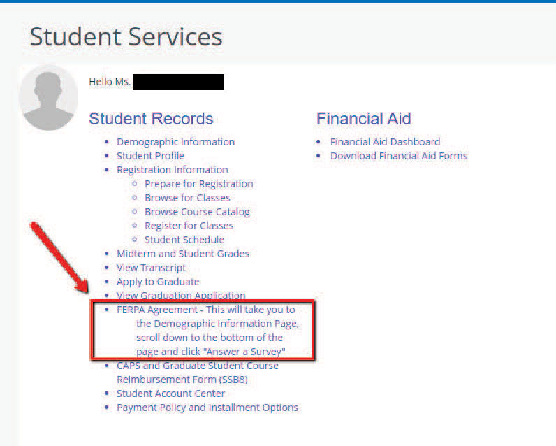 screen2a - Immaculata University Screenshot showing menu of links with FERPA agreement highlighted with a red box and arrow