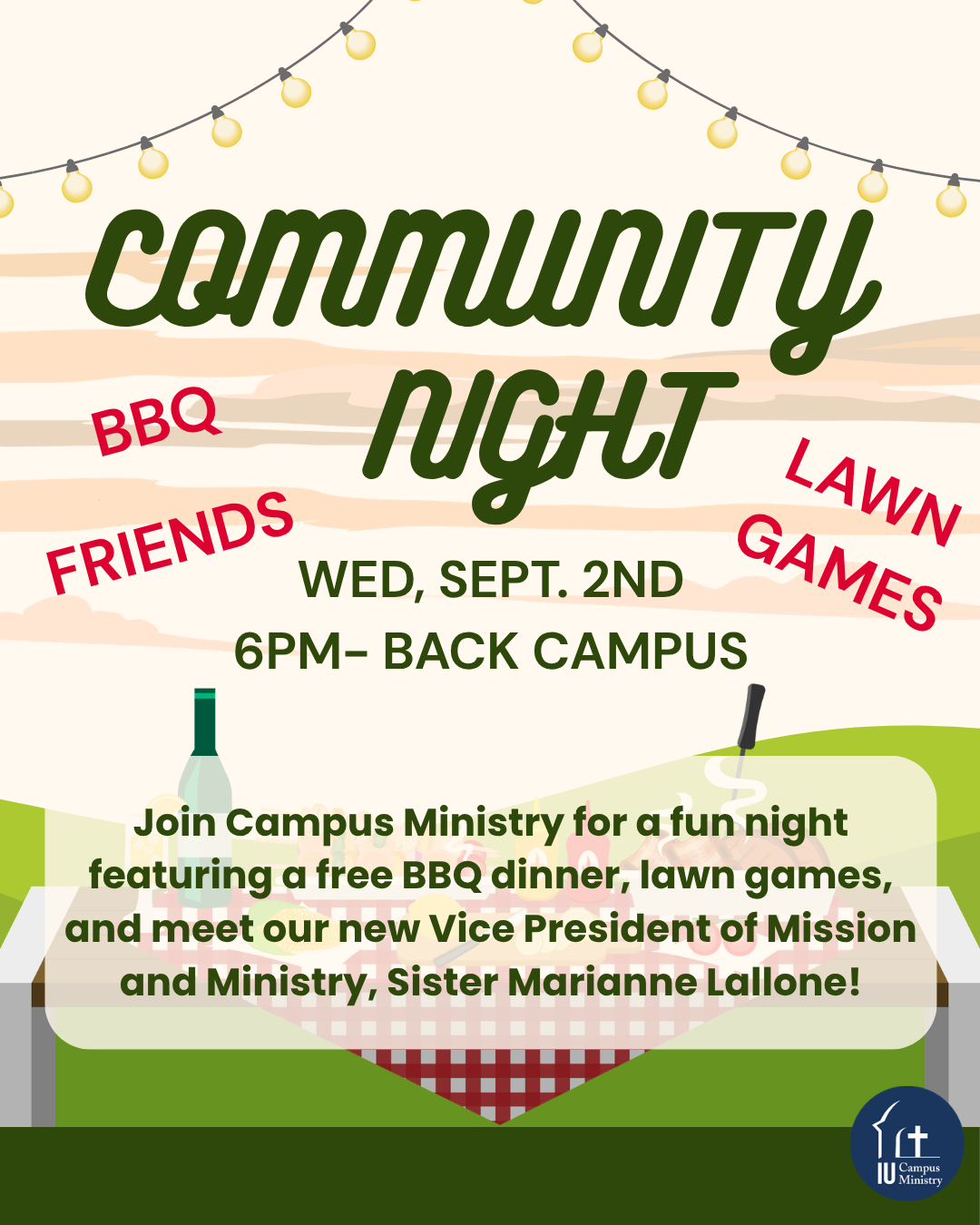 Community Night flyer with string lights, a large green 'Community Night' headline, red words 'BBQ', 'Friends', 'Lawn Games'; event details: Wed, Sept. 2nd, 6PM, Back Campus; picnic scene and logo bottom right; invites to meet Sister Marianne Lallone.