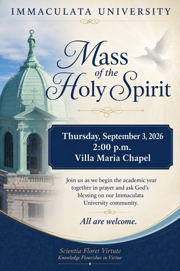Immaculata University poster announcing Mass of the Holy Spirit on Thursday, September 3, 2026 at 2:00 p.m. in Villa Maria Chapel; all are welcome.