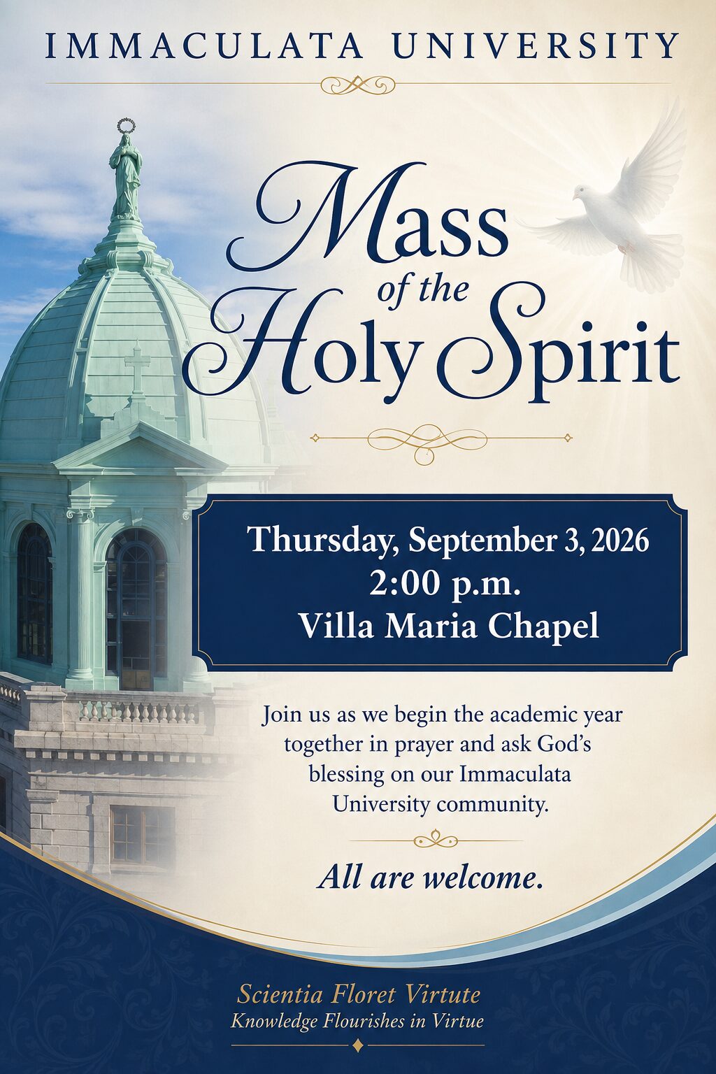 Immaculata University poster announcing Mass of the Holy Spirit on Thursday, September 3, 2026 at 2:00 p.m. in Villa Maria Chapel; all are welcome.