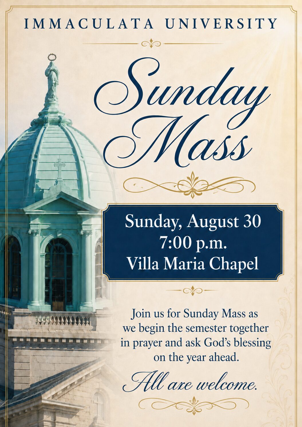 Immaculata University Sunday Mass poster: Aug 30, 7:00 p.m., Villa Maria Chapel. All are welcome.