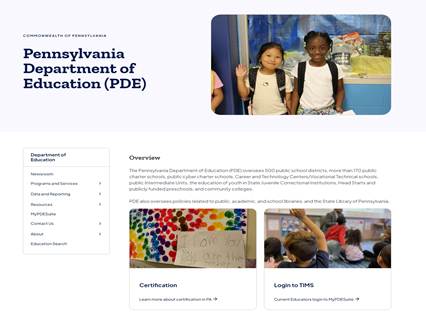 Screenshot of the Pennsylvania Department of Education (PDE) webpage showing PDE branding on the left, a photo of two children at a doorway on the right, and tiles labeled Overview, Certification, and Login to TMS/Timeline integration below.