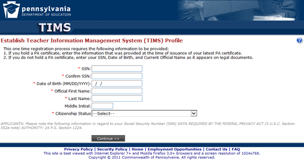 TIMS profile registration form from PA Department of Education, with fields for SSN, birth date, name, and citizenship status.