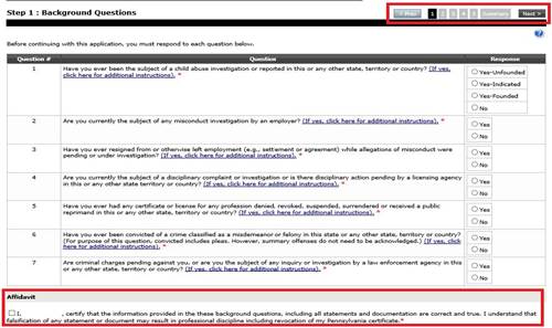 Screen showing Step 1: Background Questions form with a list of questions and Yes/No responses; bottom red-bordered'Affidavit' section.
