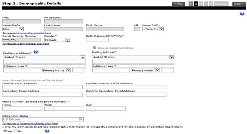 Step 2: Demographic Details form with fields for first/last name, birth date, gender, and contact/address information.