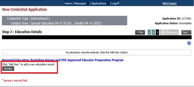 Screenshot of a credential application form showing Step 3: Education Details and a highlighted'Add New' button for adding an education record.
