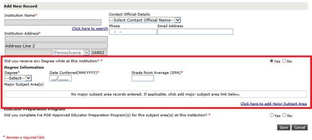 Online form asking'Did you receive any Degree...' with fields for degree, major, date conferred, GPA, and Yes/No options.