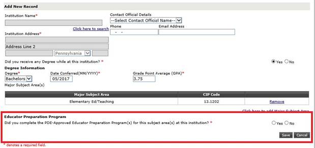 Screenshot of an'Add New Record' web form with fields for institution details and degree information; a highlighted section asks if the Educator Preparation Program was completed, with Yes/No and Save/Cancel options.