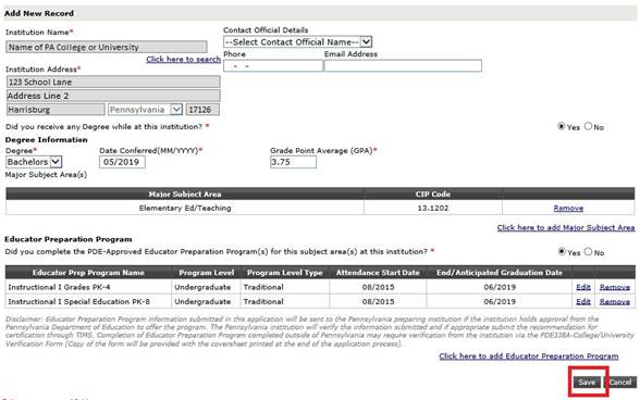 Form to add a new educator-preparation record, with fields for institution, address, degree details, major, CIP code, and a highlighted Save button.