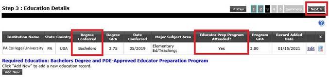 Step 3: Education Details page with a data table of education records and a highlighted Next button in the top-right corner.