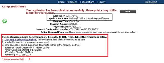 Online application submission confirmation screen with a red boxed list of required documents and a Print button.