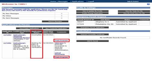 TIMS application status dashboard showing a table of applications; one row's status is highlighted in red.