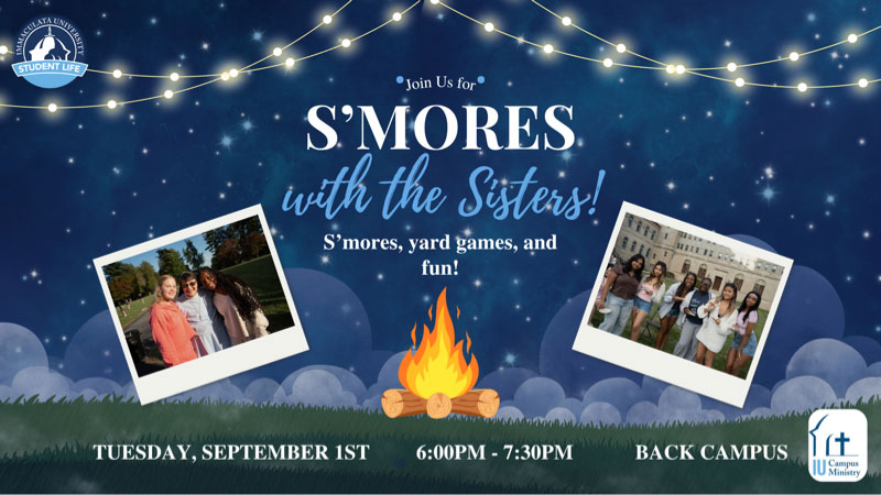 Promotional poster for 'S’mores with the Sisters' at Back Campus, Sept 1, 6–7:30 PM, featuring a campfire, string lights, and Polaroid photos.