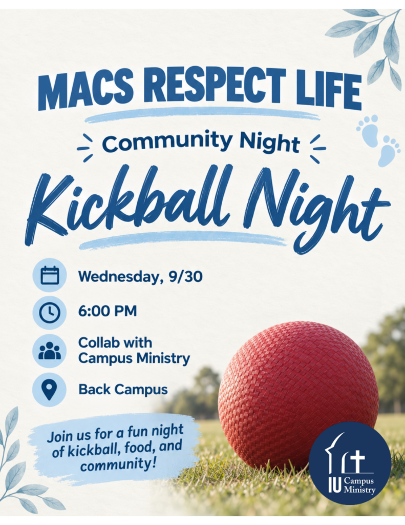 Poster for MACS Respect Life Kickball Night featuring a large blue 'Kickball Night' title, a red kickball on grass, and event details still visible in blue text on a light background.