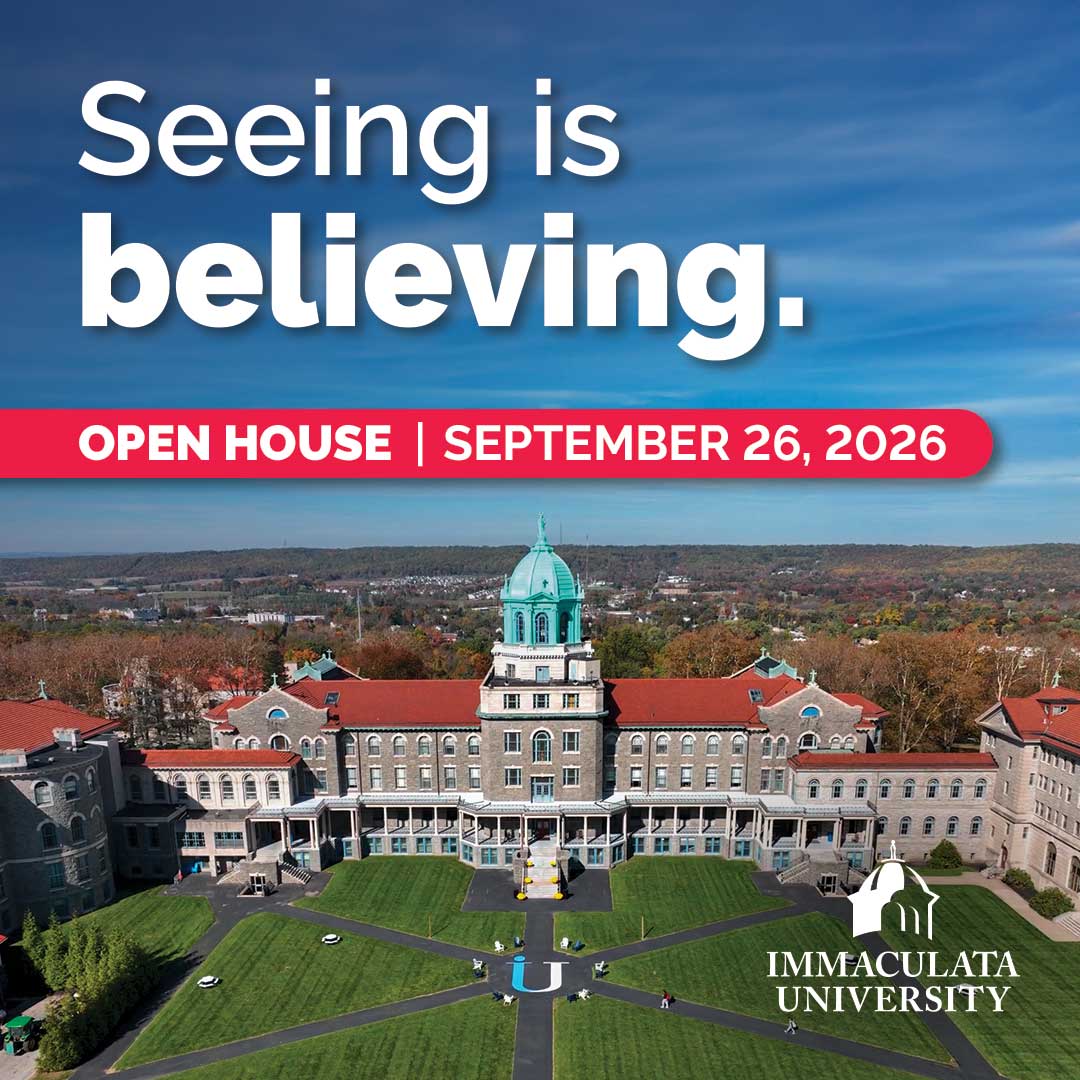Aerial shot of college campus with text "Seeing is believing. Open house September 26, 2026."