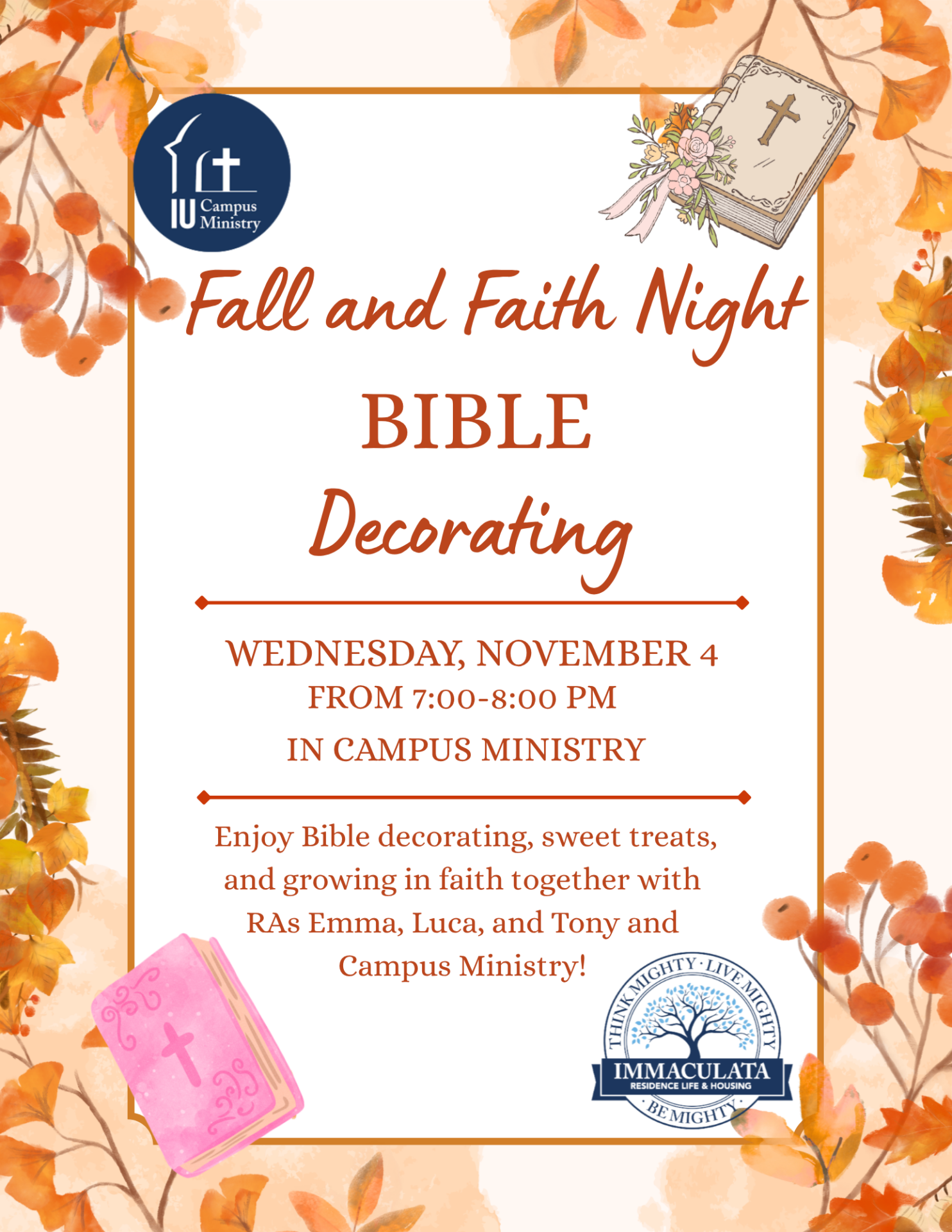 Autumn-themed poster for Fall and Faith Night: Bible Decorating, with leaves, a Bible illustration, and Campus Ministry logos.