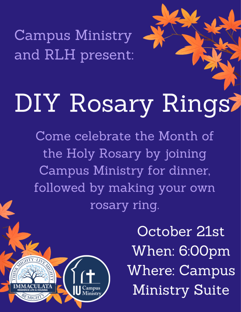 Promotional poster for DIY Rosary Rings by Campus Ministry, with orange leaves on a dark blue background and event details visible.