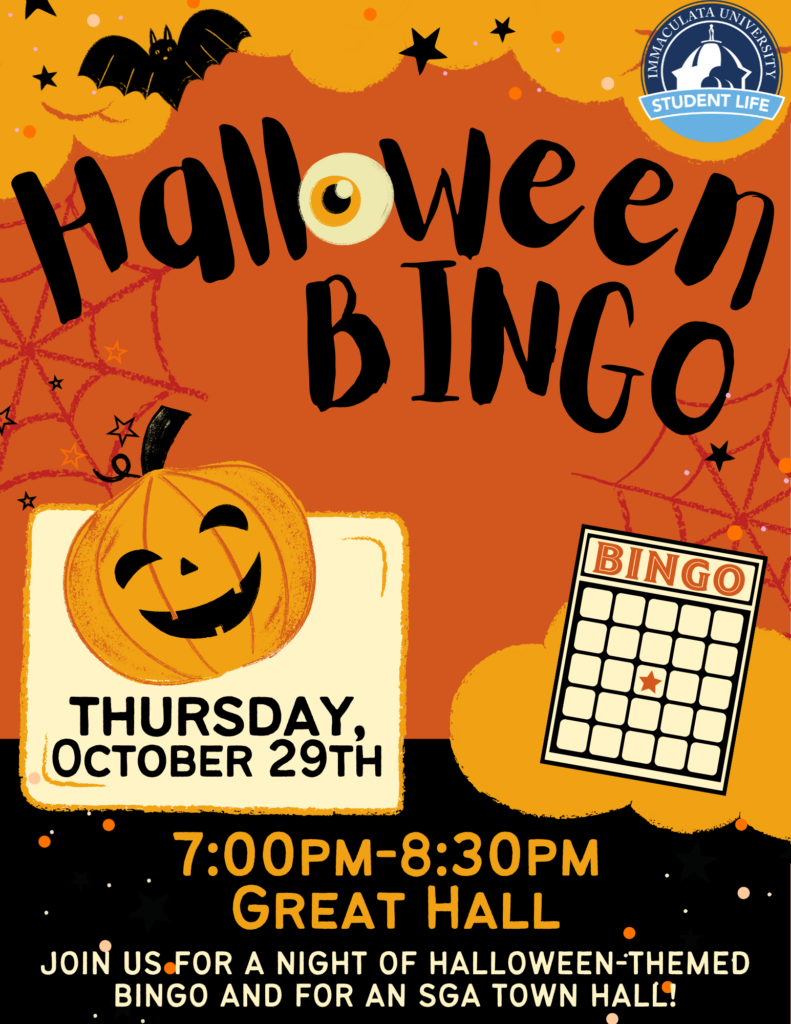 Halloween Bingo 2026 - Immaculata University Halloween bingo event poster with pumpkins, bats, and a Student Life logo; includes date Thursday, October 29th and time 7:00 PM–8:30 PM, inviting to join Halloween-themed bingo on campus.