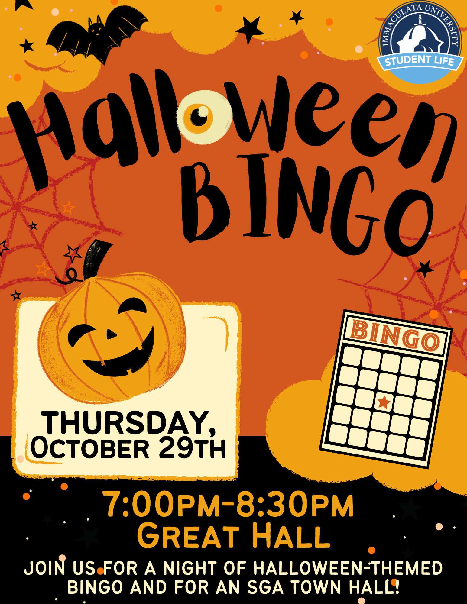 Halloween bingo event poster with pumpkins, bats, and a Student Life logo; includes date Thursday, October 29th and time 7:00 PM–8:30 PM, inviting to join Halloween-themed bingo on campus.