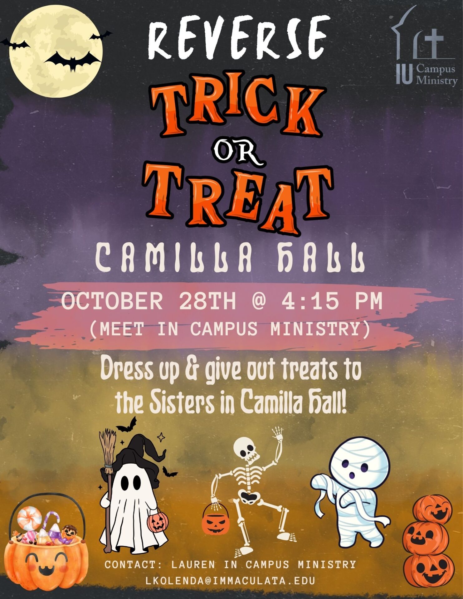Halloween-themed poster advertising a 'Reverse Trick or Treat' event with ghosts, pumpkins, and skeletons across a purple-to-orange gradient background.