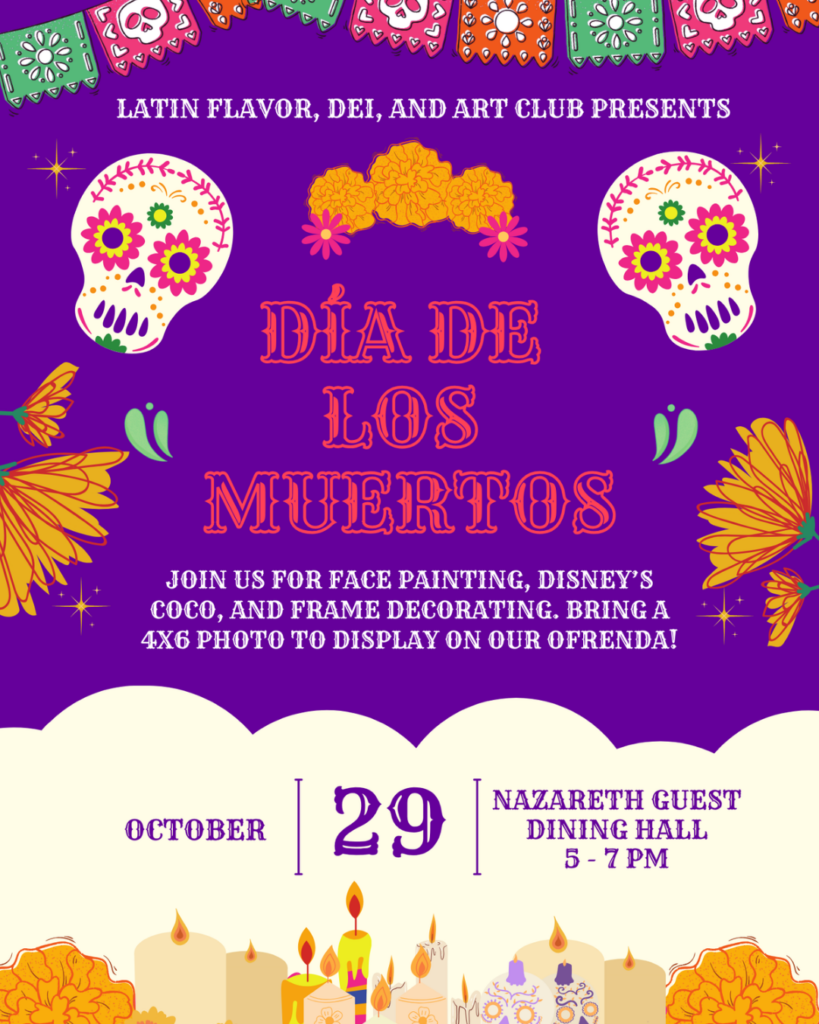 Untitled Design - Immaculata University Purple Dia de los Muertos invitation with ornate sugar skulls, marigolds, and candles announcing October 29 event on Nazareth Guest Dining Hall poster?