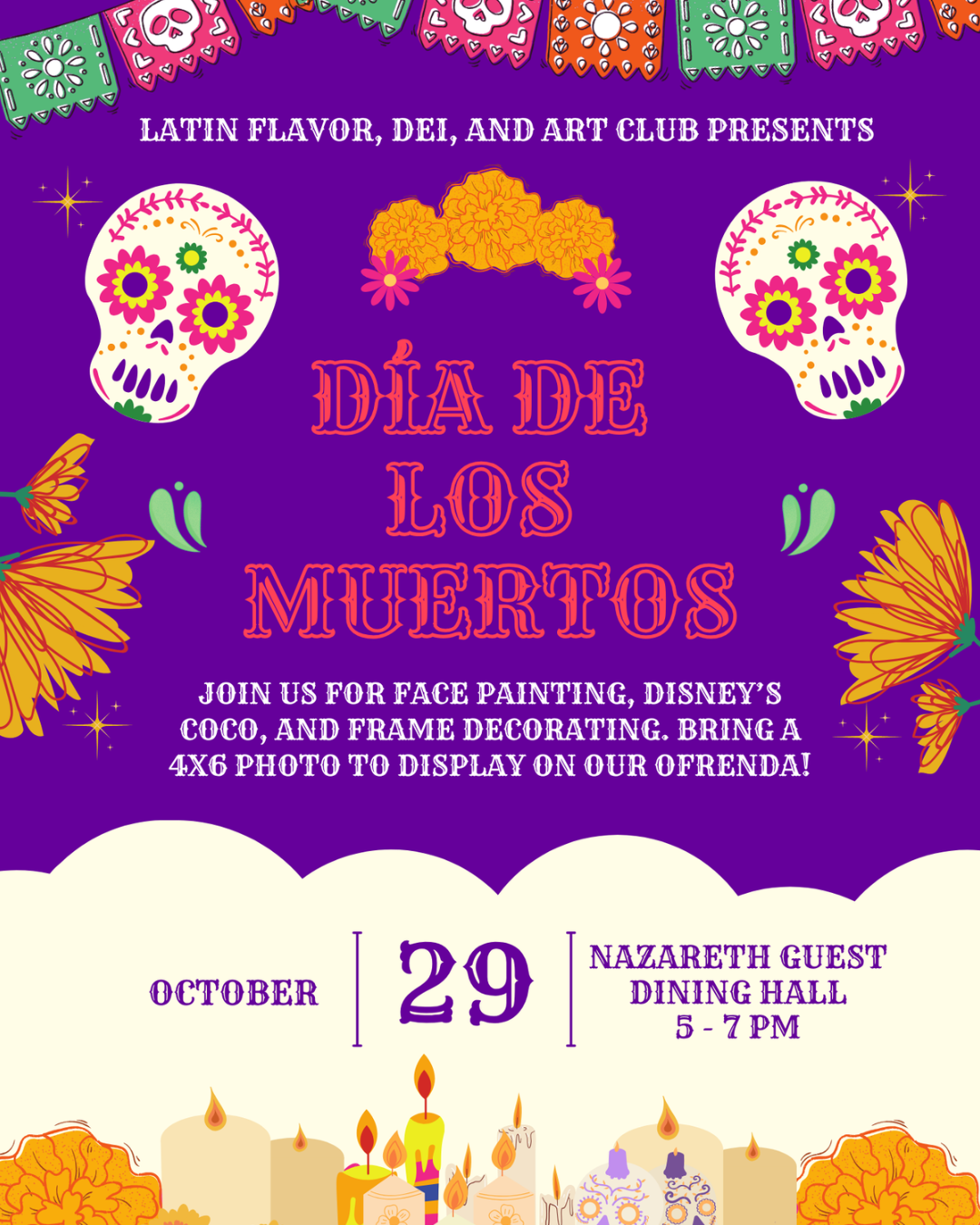 Purple Dia de los Muertos invitation with ornate sugar skulls, marigolds, and candles announcing October 29 event on Nazareth Guest Dining Hall poster?