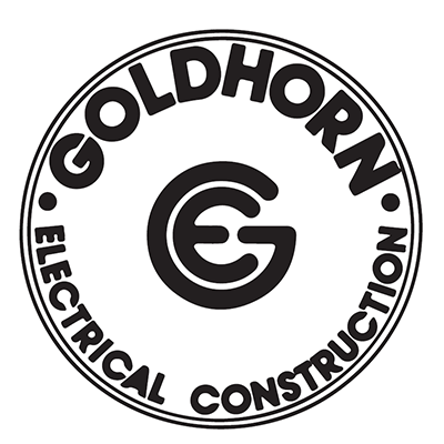 Circular black-and-white logo for Goldhorn Electrical Construction, featuring a stylized GC monogram in the center and the company name around the edge.