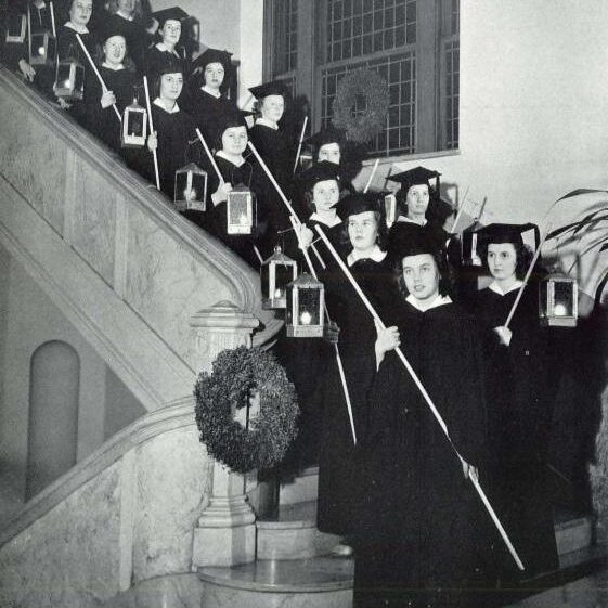 Women in academic robes, old black and white photo